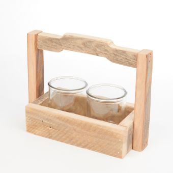 Wooden Handled Crate with 2 Glass Votives
