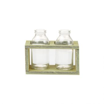 2 Glass Bottles in Wooden Stand